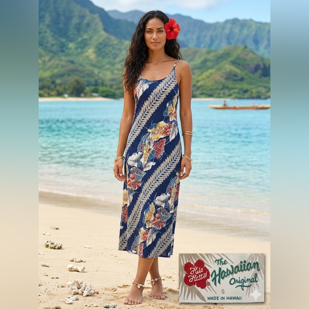 Hilo Hattie Navy Floral Maxi Dress with Red and Cream Accents